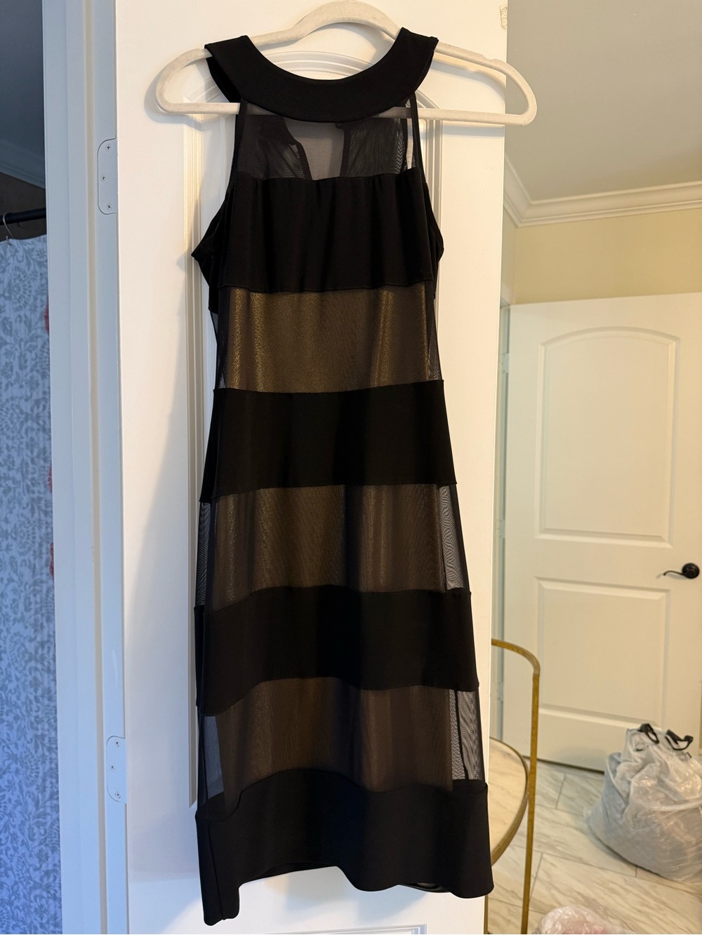 Joseph Ribkoff Black Striped Mesh Midi Dress